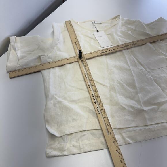 Zara Shirt Womens Large White 100% Linen Short Sleeve Boxy Pocket Crewneck Top - Picture 7 of 7